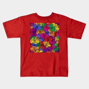 Colorful Tropical Monstera Deliciosa Plant Line Art On Black Pattern Kids T-Shirt